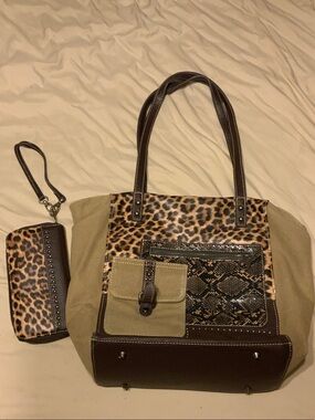 Leopard Print Tote with Brown Accents and Matching Wallet